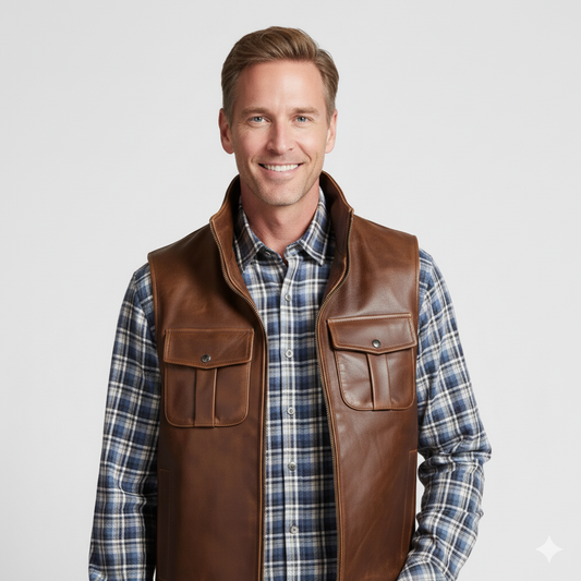 Close-up of the smooth brown leather texture and the zippered chest and hand pockets of the men's vest.