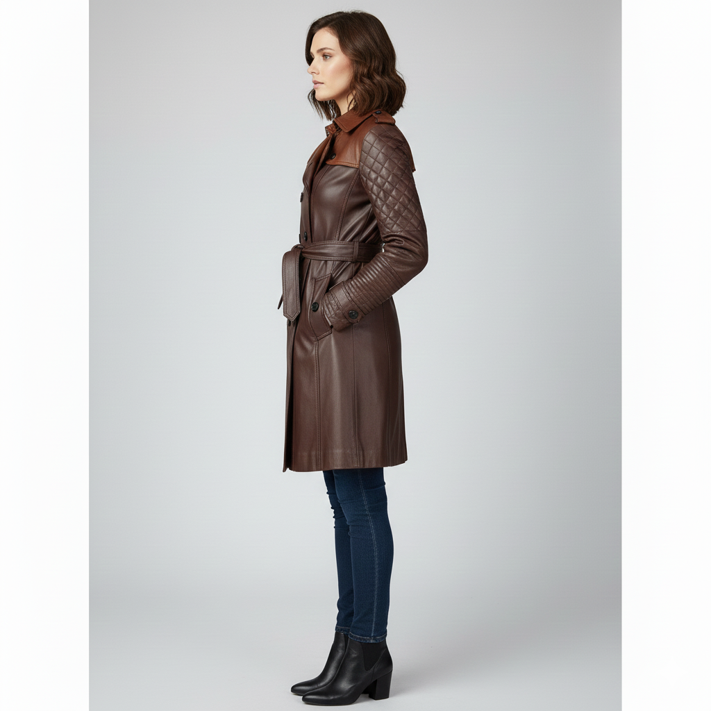 Model wearing a sophisticated mahogany belted leather trench coat.
