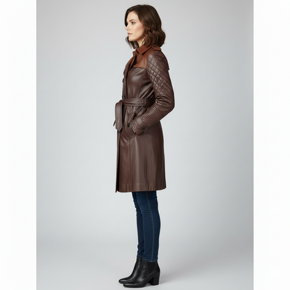 Model wearing a sophisticated mahogany belted leather trench coat.