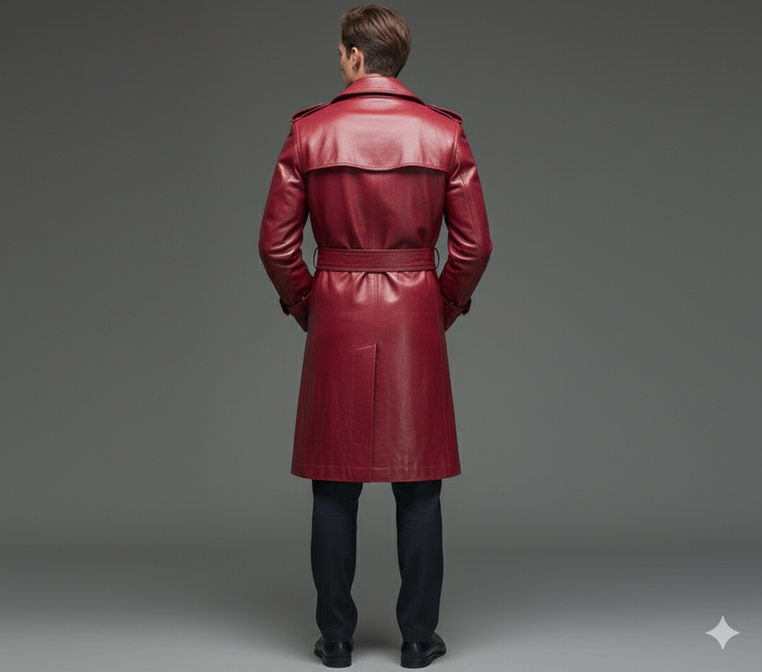 Men's Crimson Red Leather Trench Coat | Double-Breasted Heritage Overcoat with Gold-Toned Military Hardware