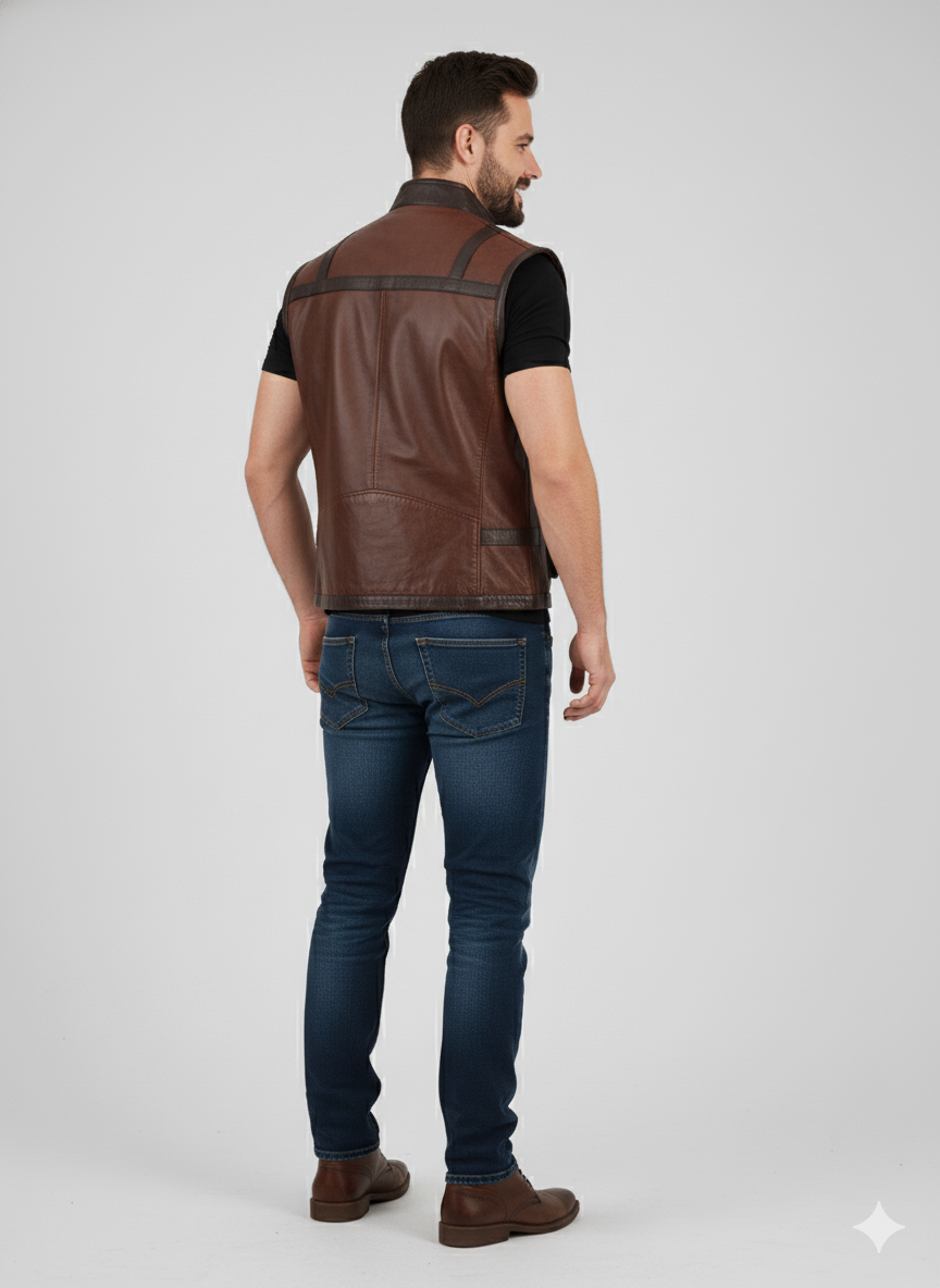 Vintage-look distressed brown leather vest with a full asymmetrical front zipper and collarless V-neck.