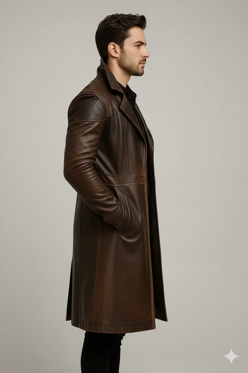 Male model wearing a luxury umber leather outlander coat.