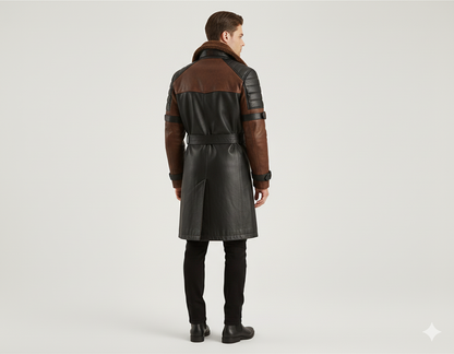 Close-up of the metallic belt buckle and shearling lapel detailing on a premium men's dual-tone leather duster.