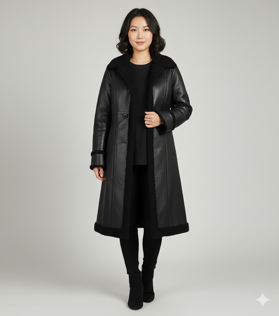 Women's black leather longline coat with black shearling-lined collar and cuffs.