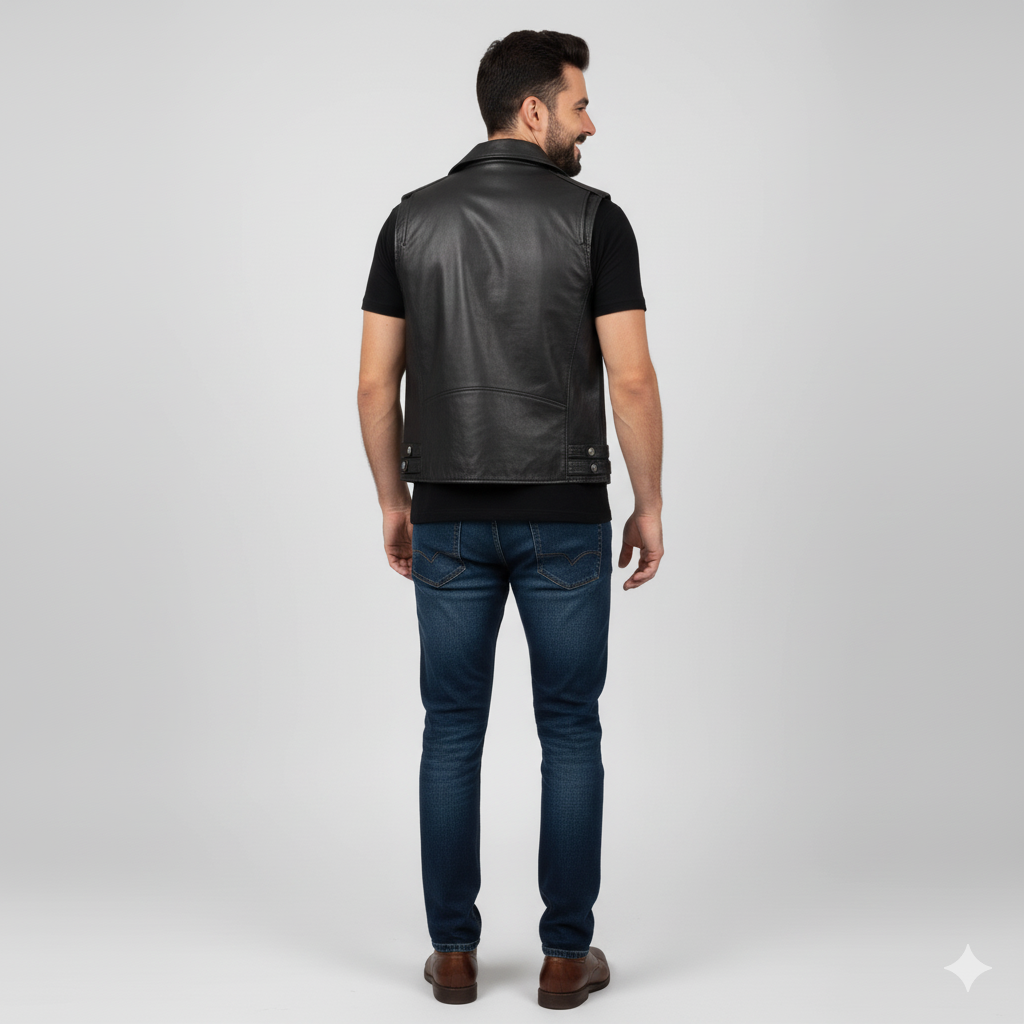 Black leather vest showing the zippered pockets and the open, laid-back collar/lapel area.