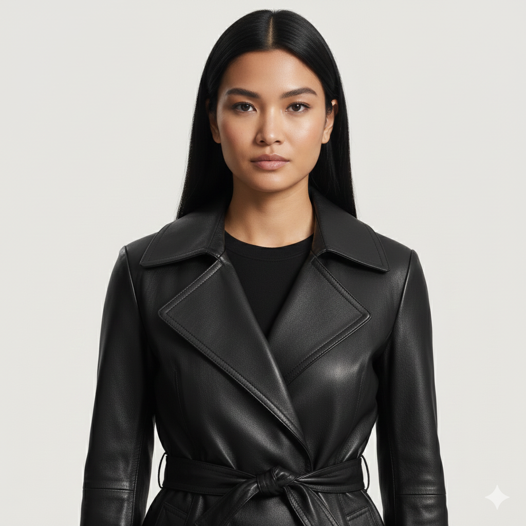 A model wearing a streamlined black leather-look trench coat featuring tonal buttons and a slim tailored fit.