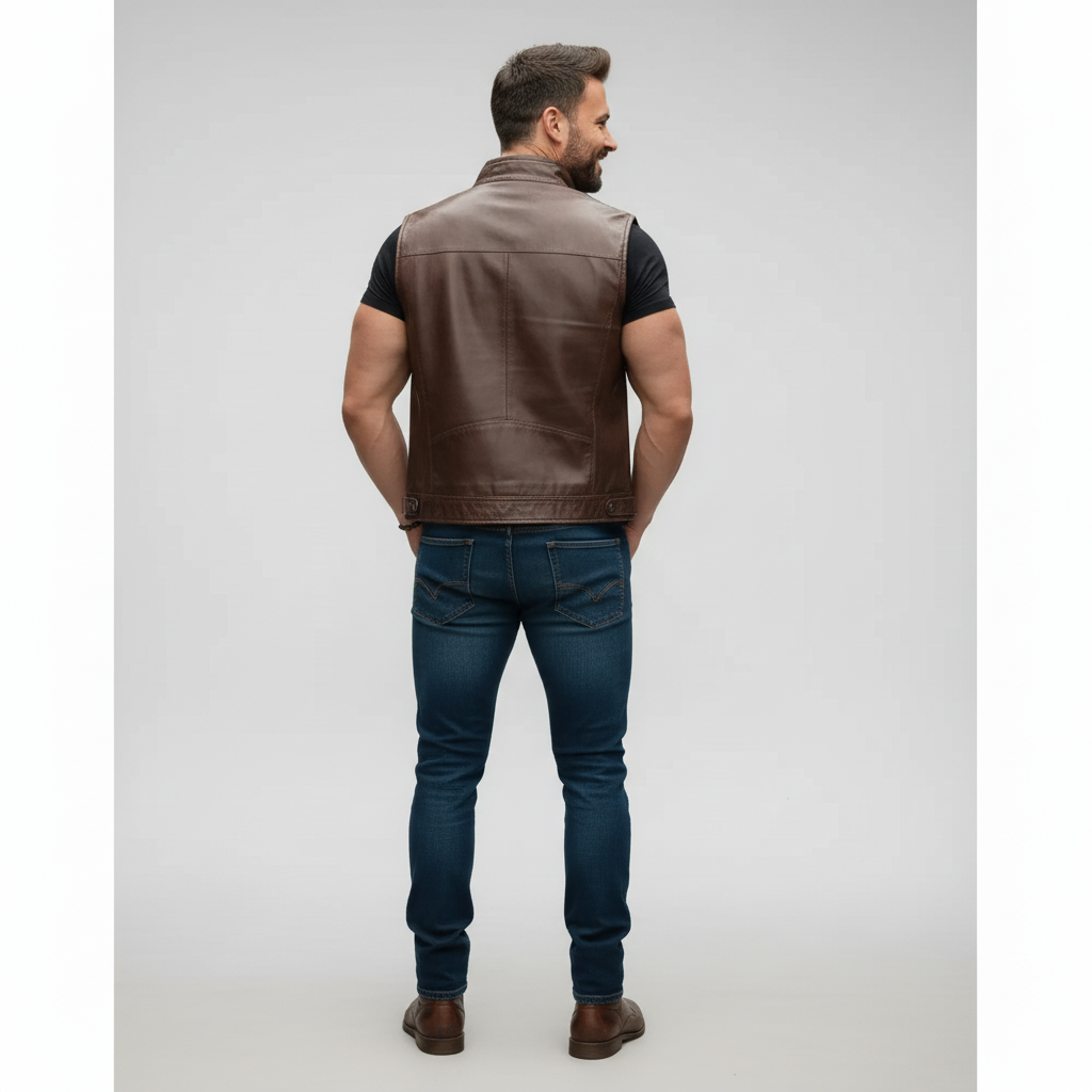 Minimalist brown leather vest, zipped up, with a muscle-fit cut, shown against a light background.