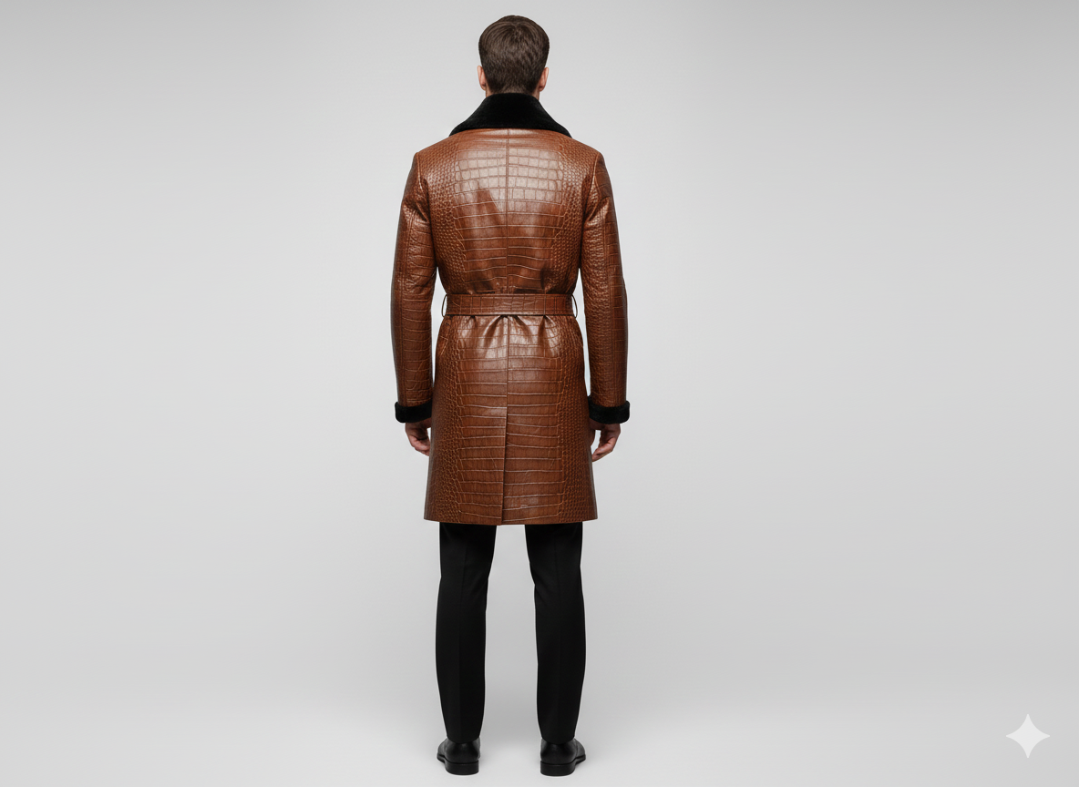 Close-up of the tonal black buttons and embossed crocodile leather texture on a premium men's longline duster.