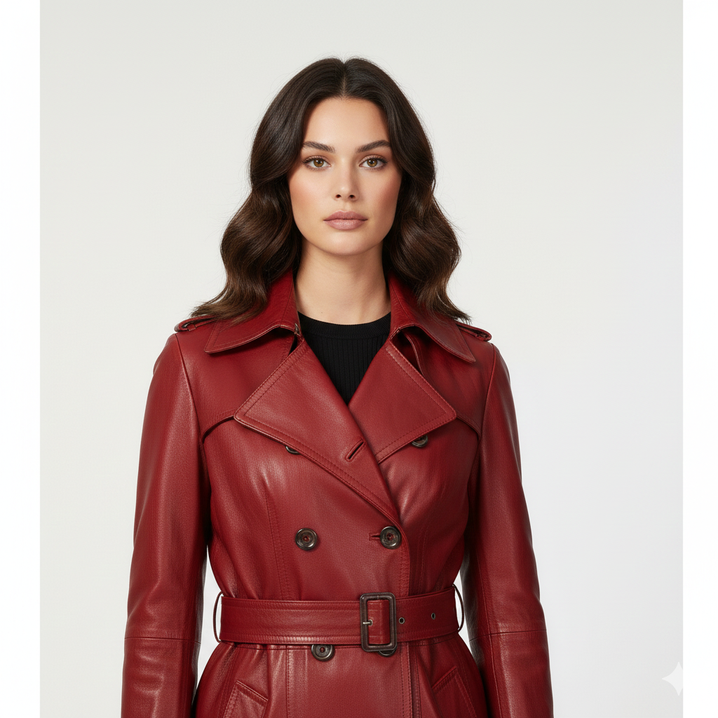 Midi-length red-wine leather-look coat for women featuring a tailored waist and shoulder epaulettes.