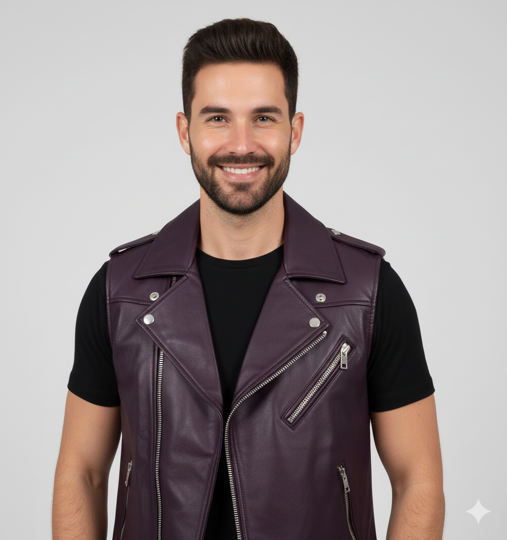 Full body shot of a man wearing a dark purple leather cut-off vest over a black t-shirt and dark blue jeans.