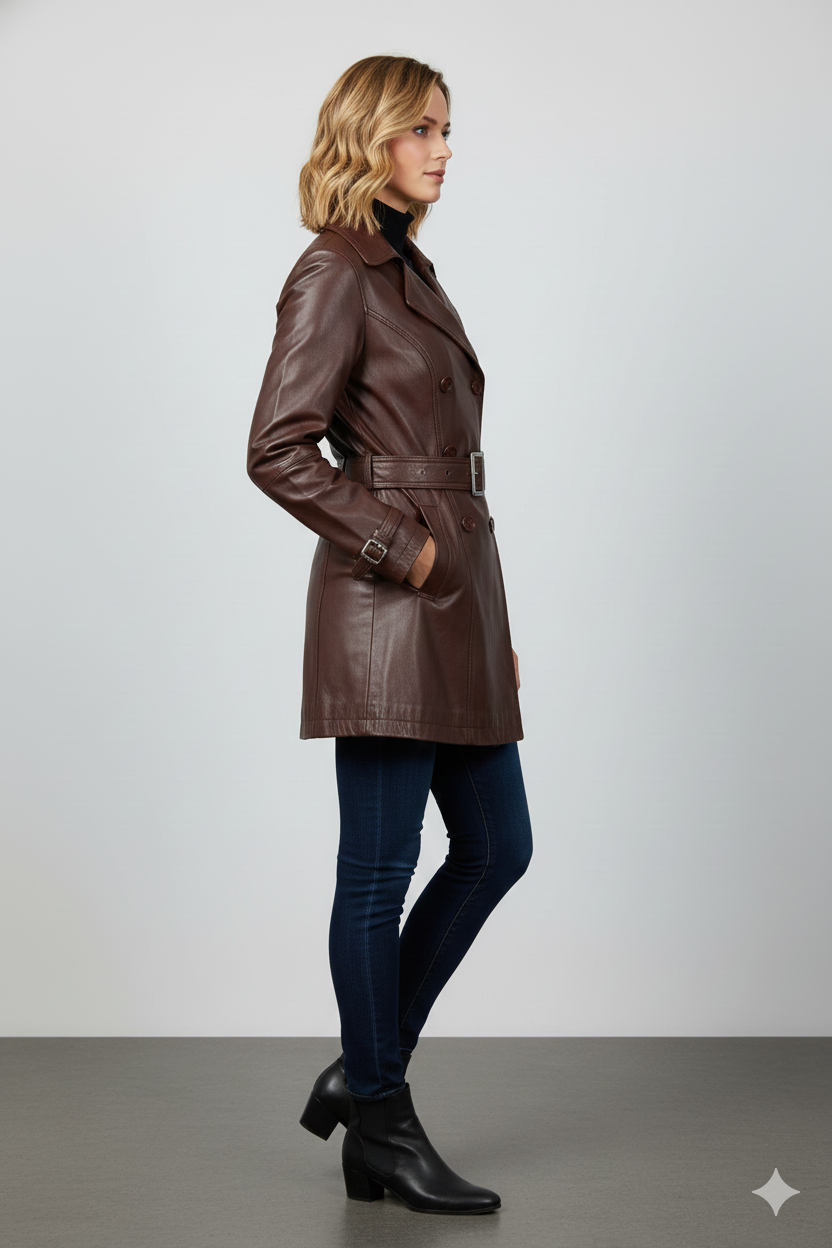 Model wearing a sophisticated dark brown belted leather coat.