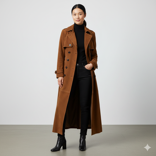 Women's classic tan longline trench coat with a double-breasted button front and buckled belt.