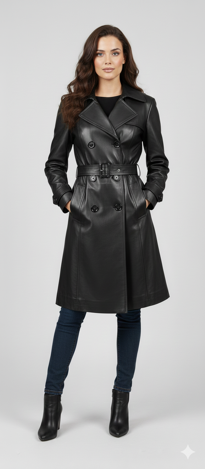 Women's classic black leather double-breasted trench coat with a buckled waist belt.