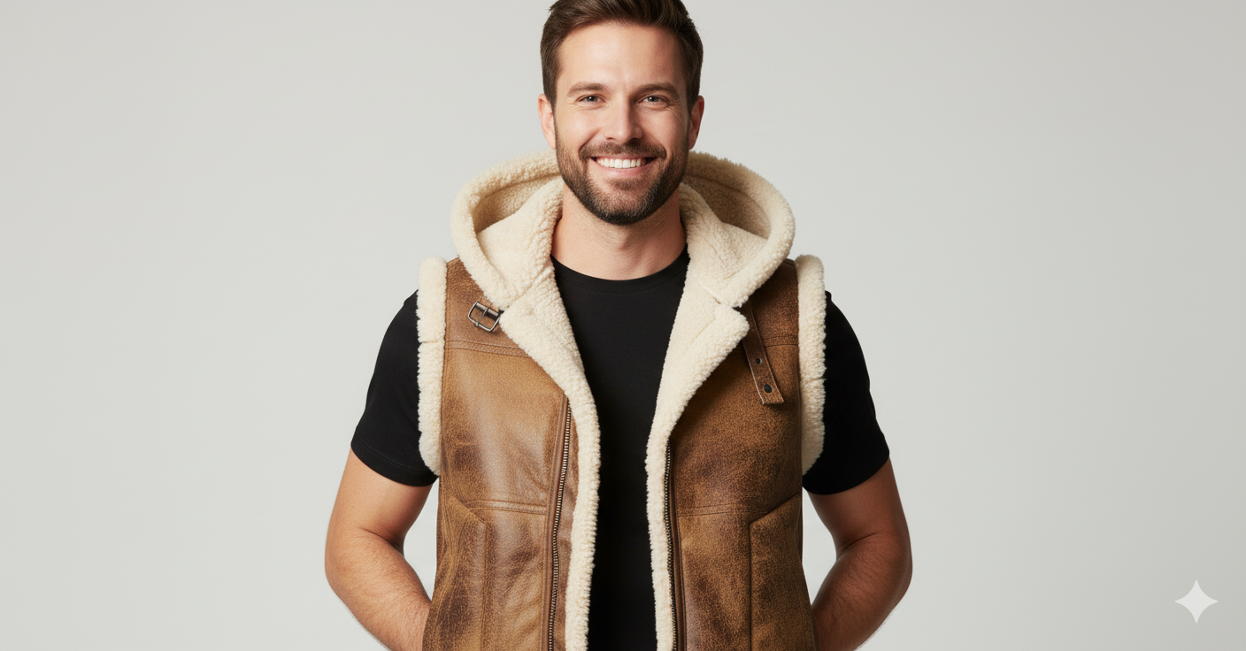 Close-up of a man wearing a warm brown leather vest with a fuzzy shearling hood and strap buckle detail.