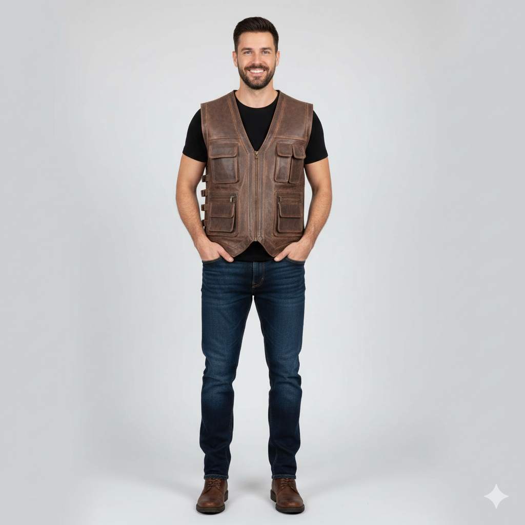 Full body shot of a man wearing a brown multi-pocket leather cargo vest over a black t-shirt and dark blue jeans.
