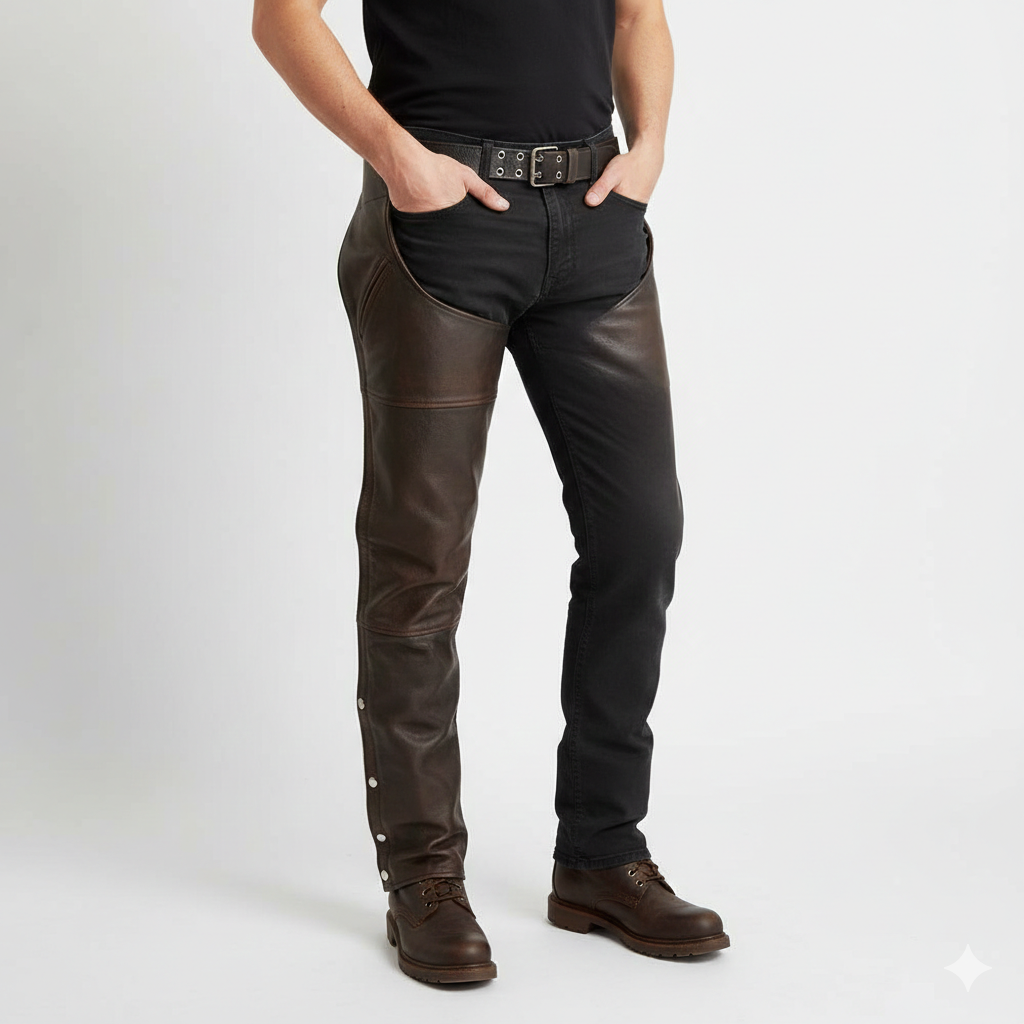 Men's espresso dark brown leather performance riding chaps with articulated knees and a secure double-buckle waist.