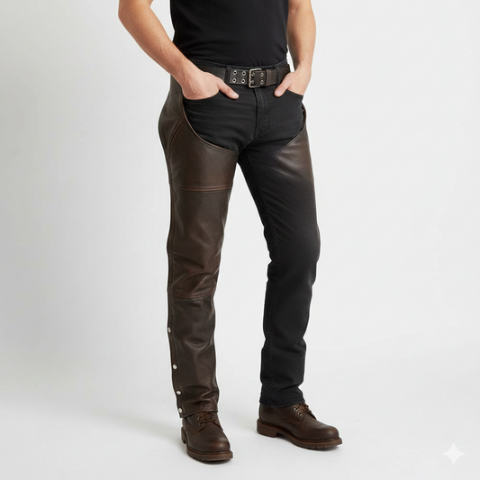 Men's espresso dark brown leather performance riding chaps with articulated knees and a secure double-buckle waist.