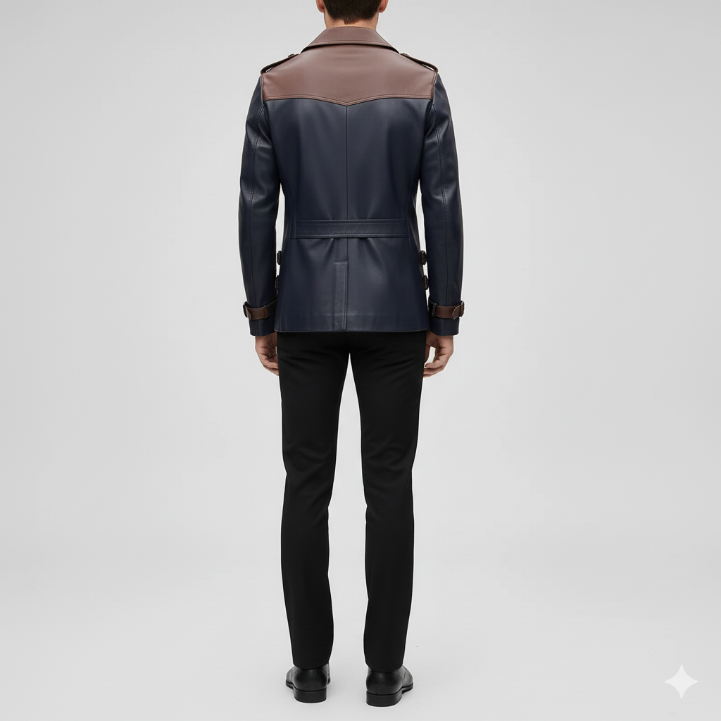 Close-up of the metallic cuff buckles and tonal black buttons on a premium men's dual-tone leather jacket.