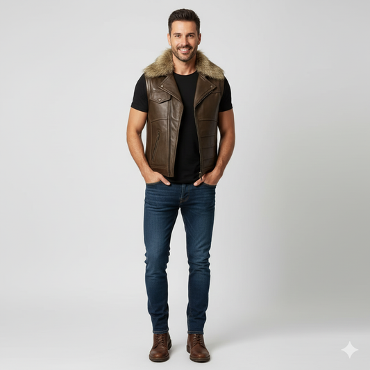 Men's brown leather biker vest featuring a large faux fur collar and silver zippered pockets.