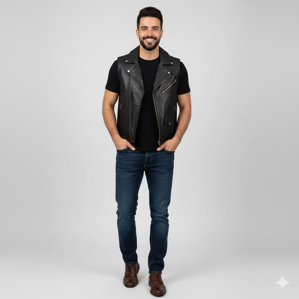 Men's black leather biker vest with notched lapels and an asymmetrical front zipper.