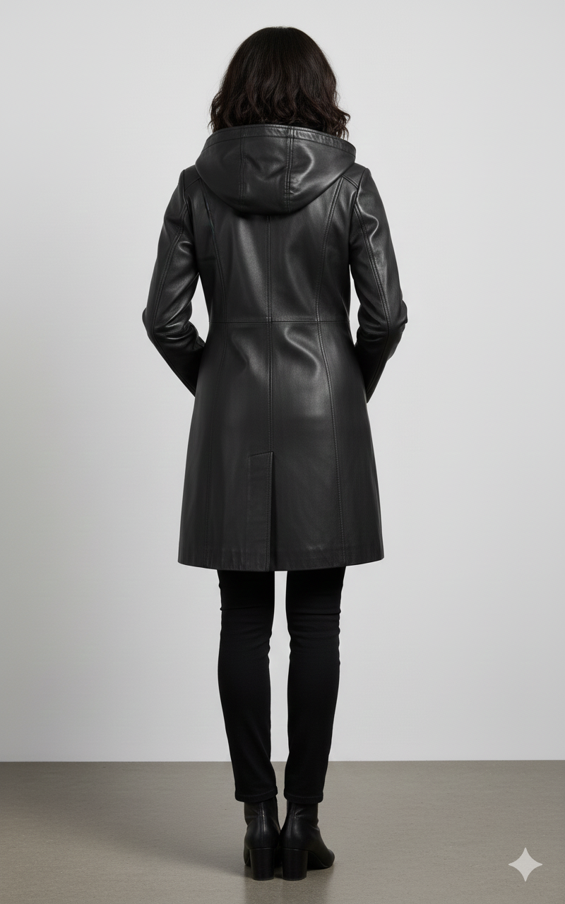 Detail view of the smooth matte black leather texture and princess seam tailoring on a women's coat.