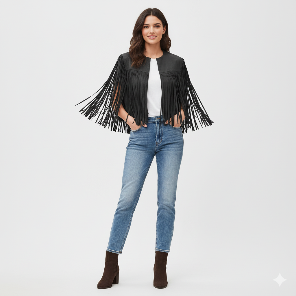 Full-length photo of a woman in a black leather fringe shrug over a white t-shirt and light blue straight-leg jeans.