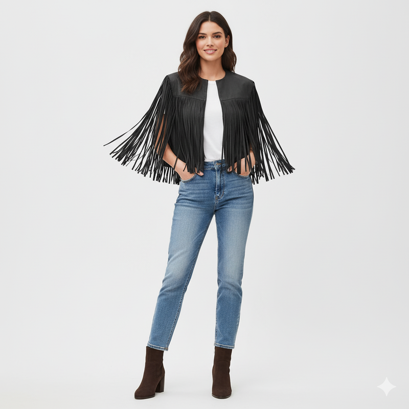 Full-length photo of a woman in a black leather fringe shrug over a white t-shirt and light blue straight-leg jeans.