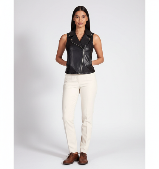 Full-length photo of a woman in a black leather moto vest over a white top and cream-colored trousers.
