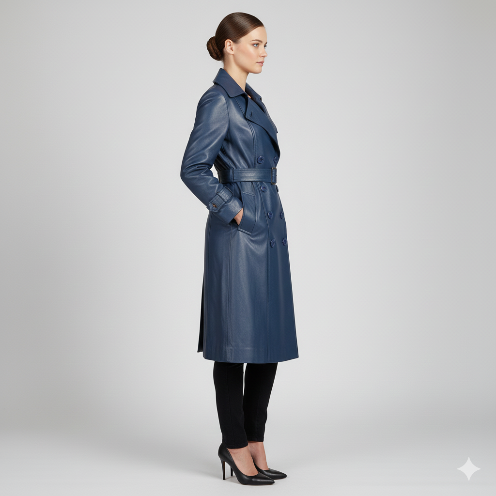 Model wearing a sophisticated navy blue belted trench coat over a black top and trousers with heels.