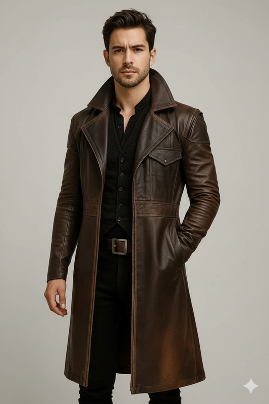 Men's umber distressed leather trench coat with a pointed chest pocket and structured lapels.