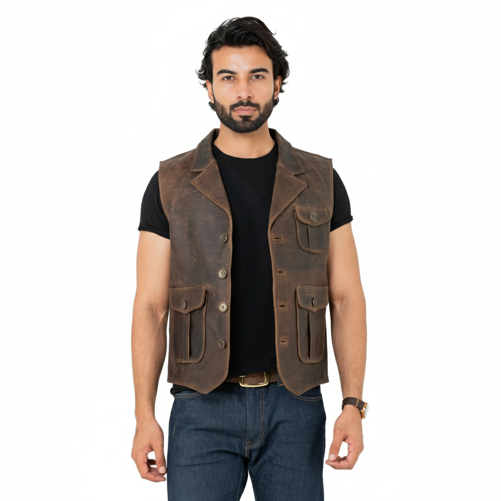 Full-length photo of a man wearing a brown distressed leather utility vest over a black t-shirt and blue jeans.