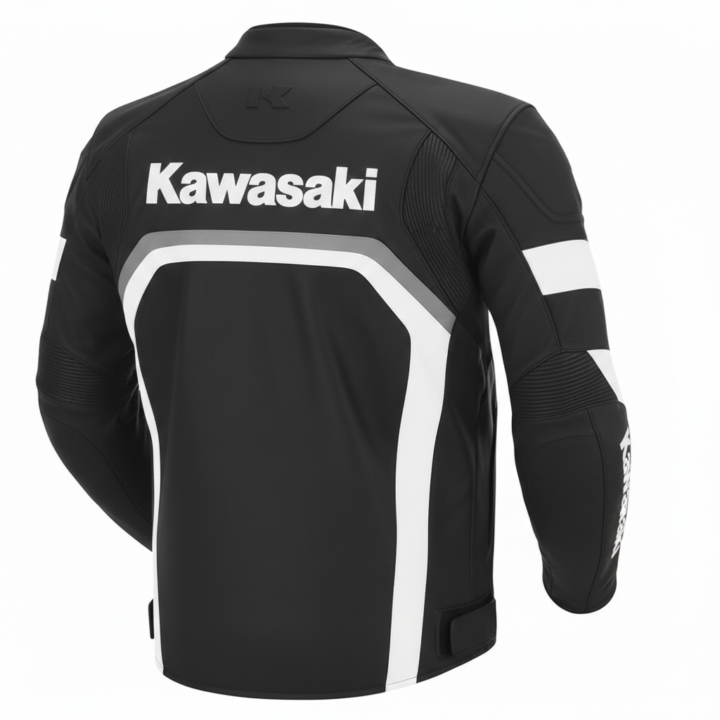 Detailed view of the white Kawasaki chest branding, racing stripes, and professional leather construction on a black jacket.