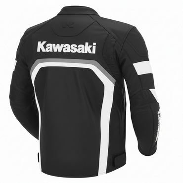 Detailed view of the white Kawasaki chest branding, racing stripes, and professional leather construction on a black jacket.