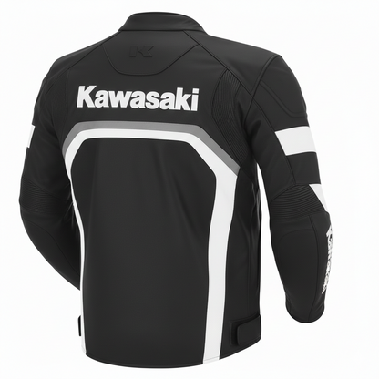 Detailed view of the white Kawasaki chest branding, racing stripes, and professional leather construction on a black jacket.