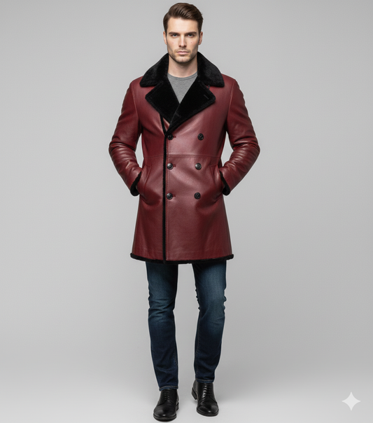 Men's burgundy leather trench coat with a black shearling lining and double-breasted buttons.