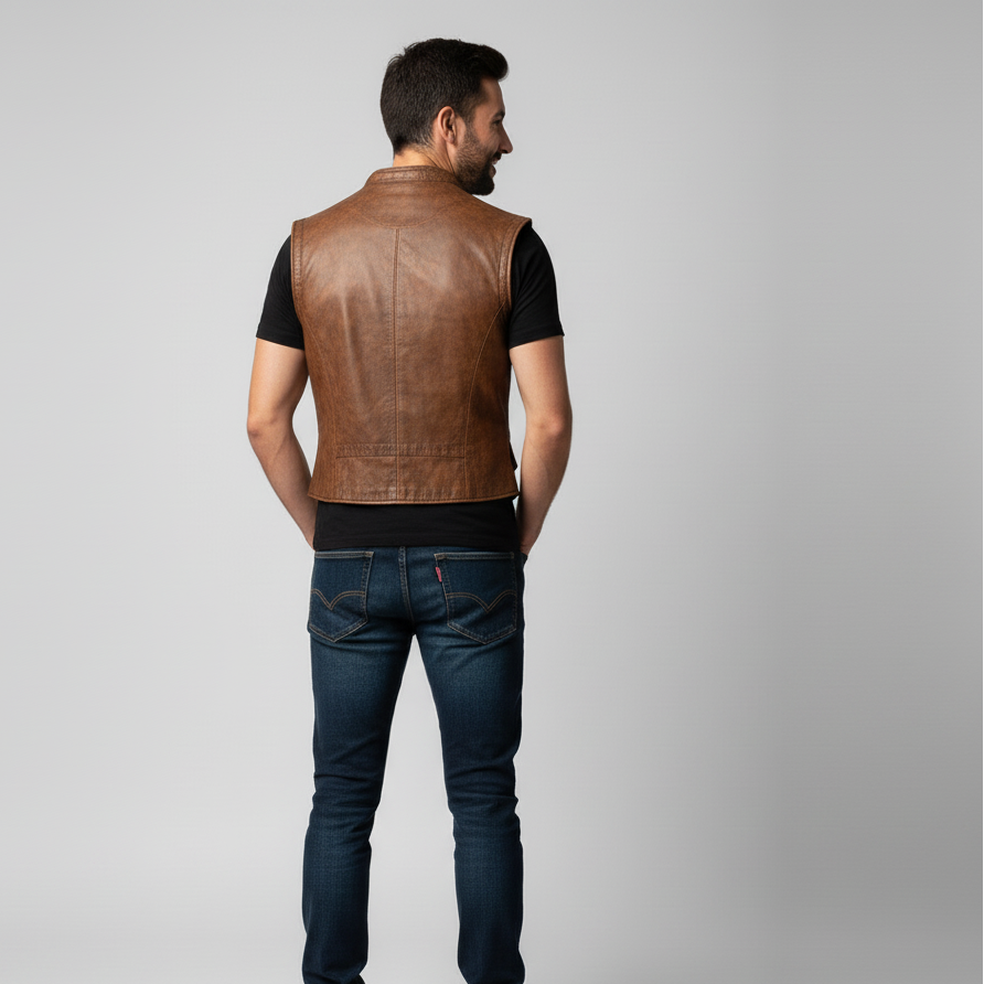 Close-up of a brown leather vest showing the row of circular brass buttons and front flap pockets.
