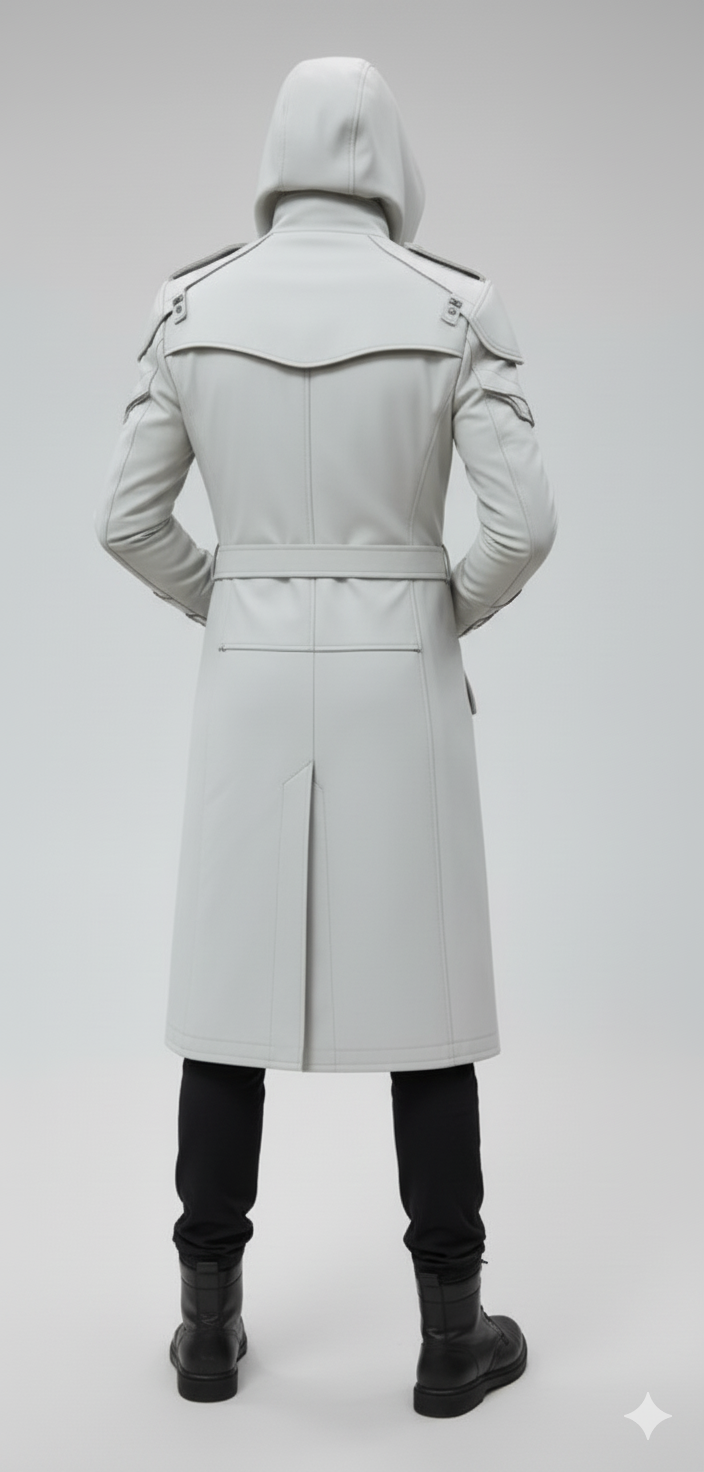 Male model wearing a futuristic white leather-look hooded duster coat.