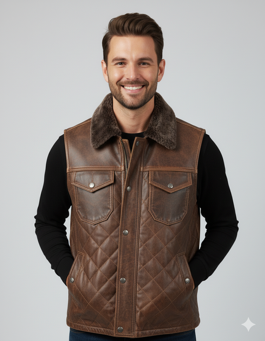 Full-length photo of a man wearing a quilted brown leather vest over a black t-shirt and blue jeans.