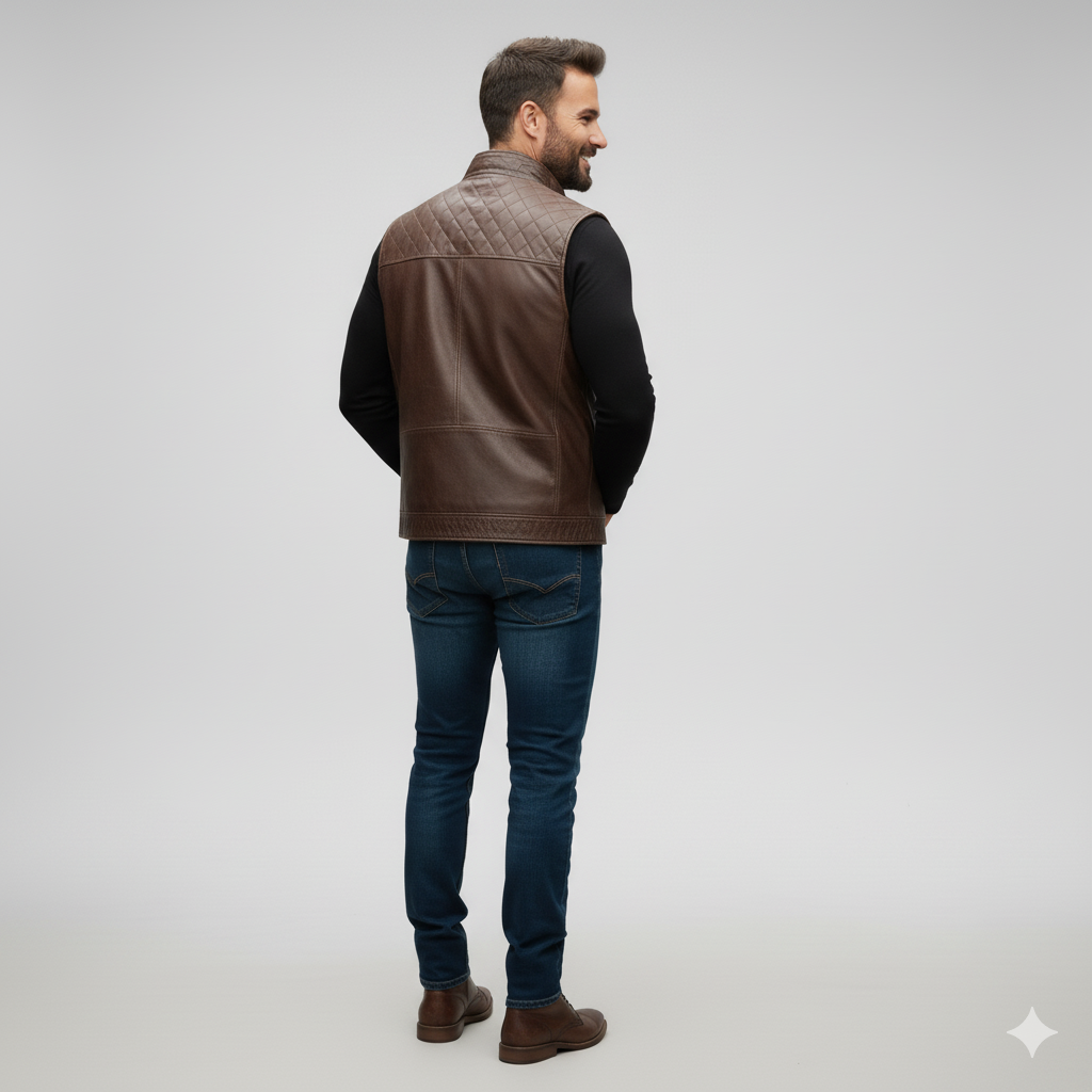 Rugged Western-inspired leather vest in distressed brown featuring metal snaps and the classic trucker jacket panel design.