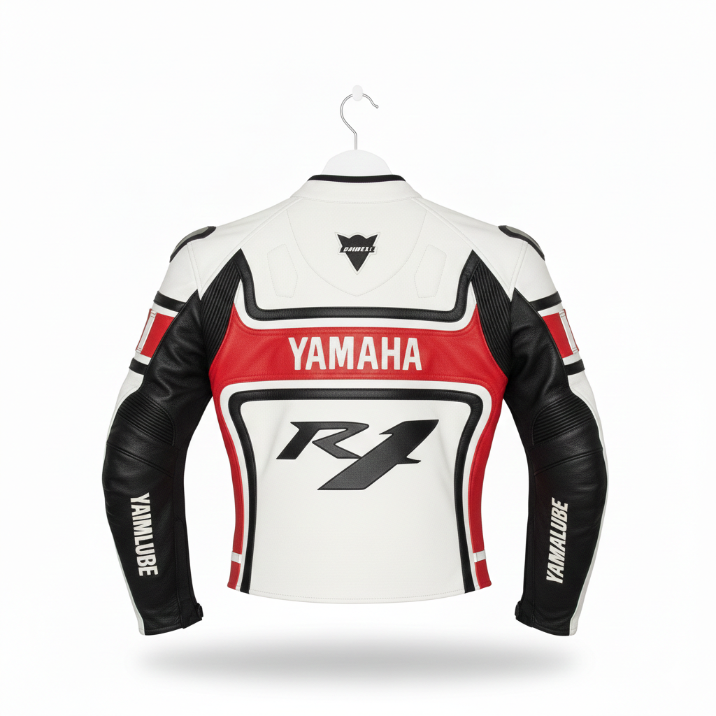 Detailed view of the Yamaha chest branding, R1 torso logo, and external hard-shell shoulder on a white and red racing jacket.
