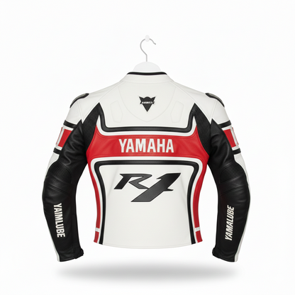 Detailed view of the Yamaha chest branding, R1 torso logo, and external hard-shell shoulder on a white and red racing jacket.