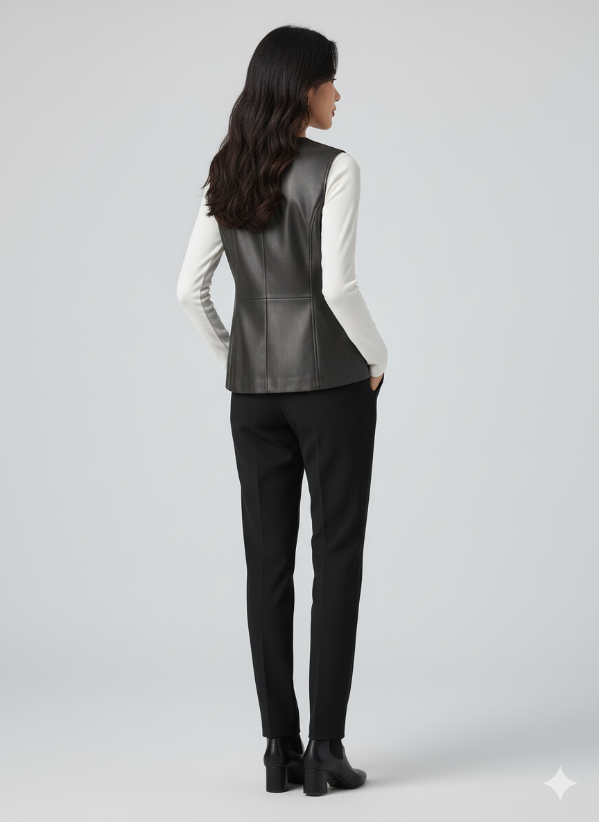 Charcoal gray waistcoat paired with black ankle pants and boots for a polished, monochromatic office look.