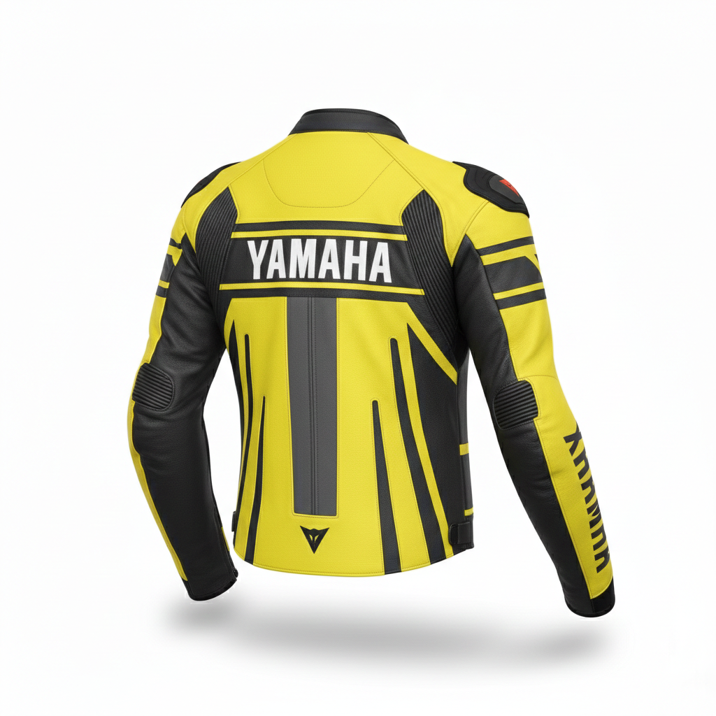 Detailed view of the Yamaha chest branding, AGV sponsor patch, and technical black leather panels on a yellow racing jacket.