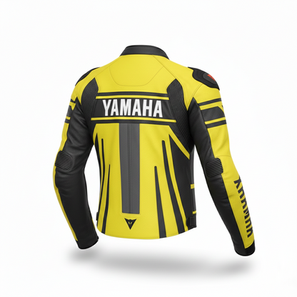 Detailed view of the Yamaha chest branding, AGV sponsor patch, and technical black leather panels on a yellow racing jacket.