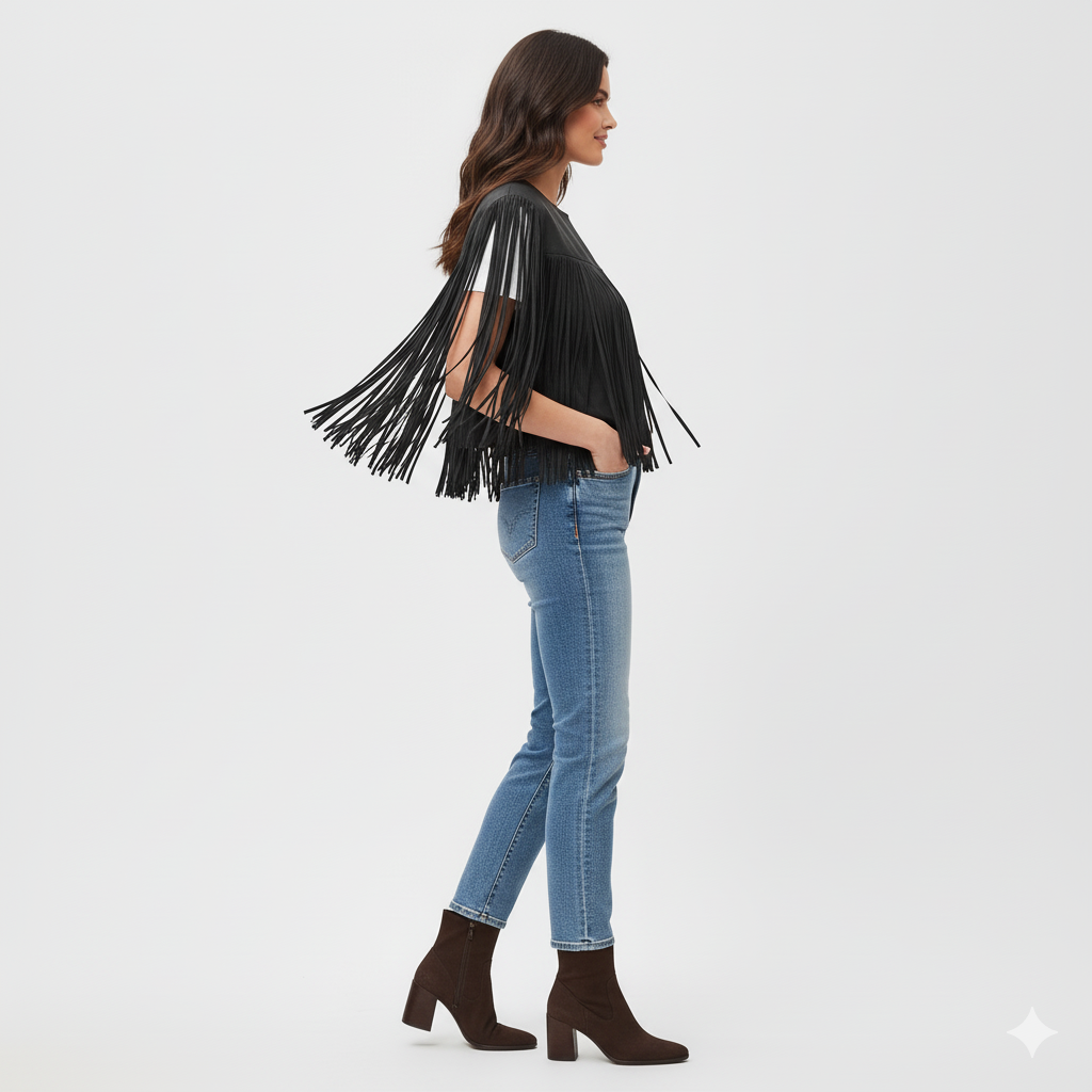 Boho style black leather vest with a rounded neck and extensive fringe detailing for fluid movement.