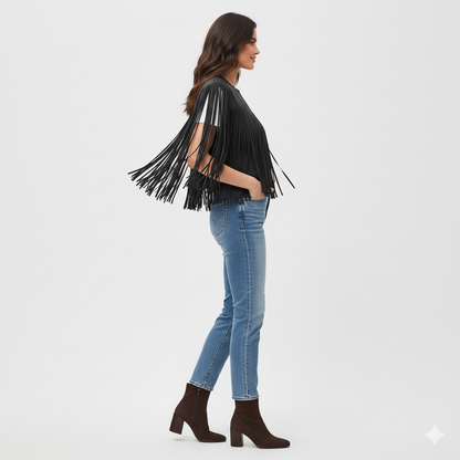Boho style black leather vest with a rounded neck and extensive fringe detailing for fluid movement.