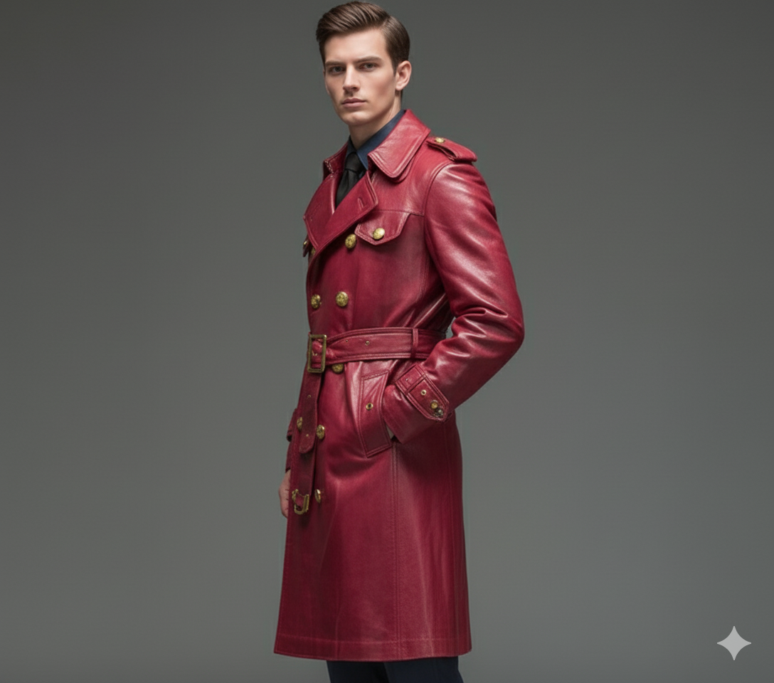 Male model wearing a luxury red leather heritage trench coat over a navy shirt and black tie.