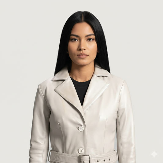 "A model wearing a mid-length cream leather-look coat featuring four white buttons and a buckled belt.