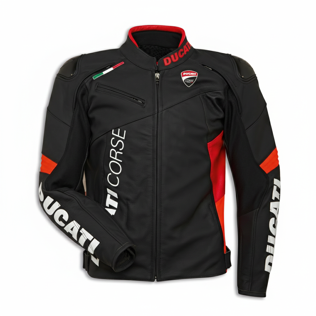 Ducati Corse black and red leather motorcycle racing jacket.