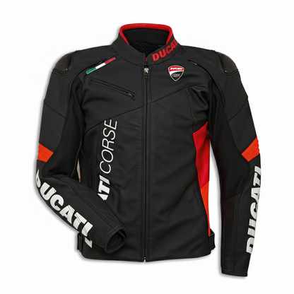 Ducati Corse black and red leather motorcycle racing jacket.